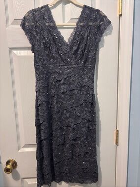 MARINA Charcoal Gray Lace Midi Dress with V-Neck